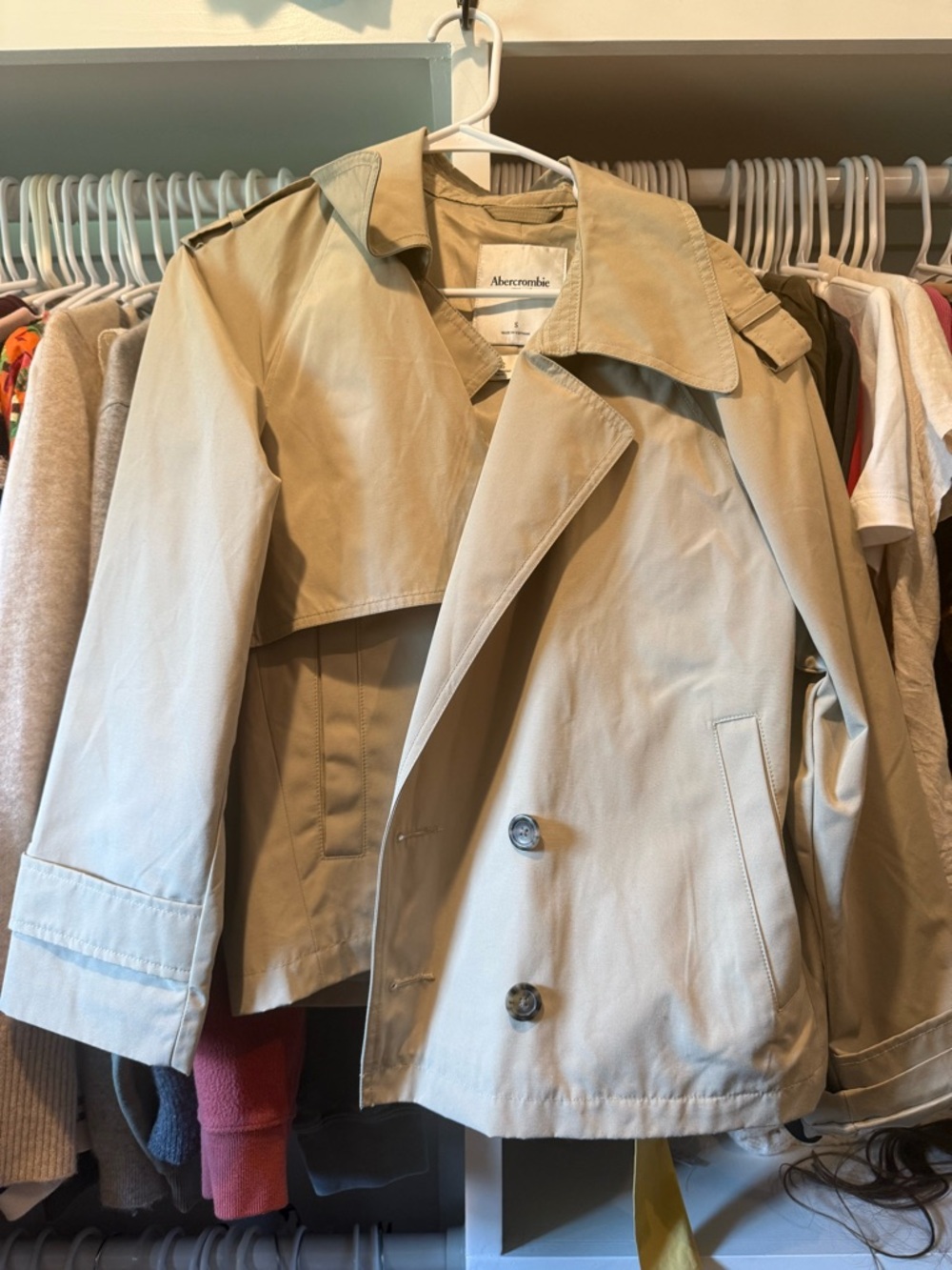 Abercrombie & Fitch Cropped Tan Trench Jacket Beige Small S - Picture 3 of 4